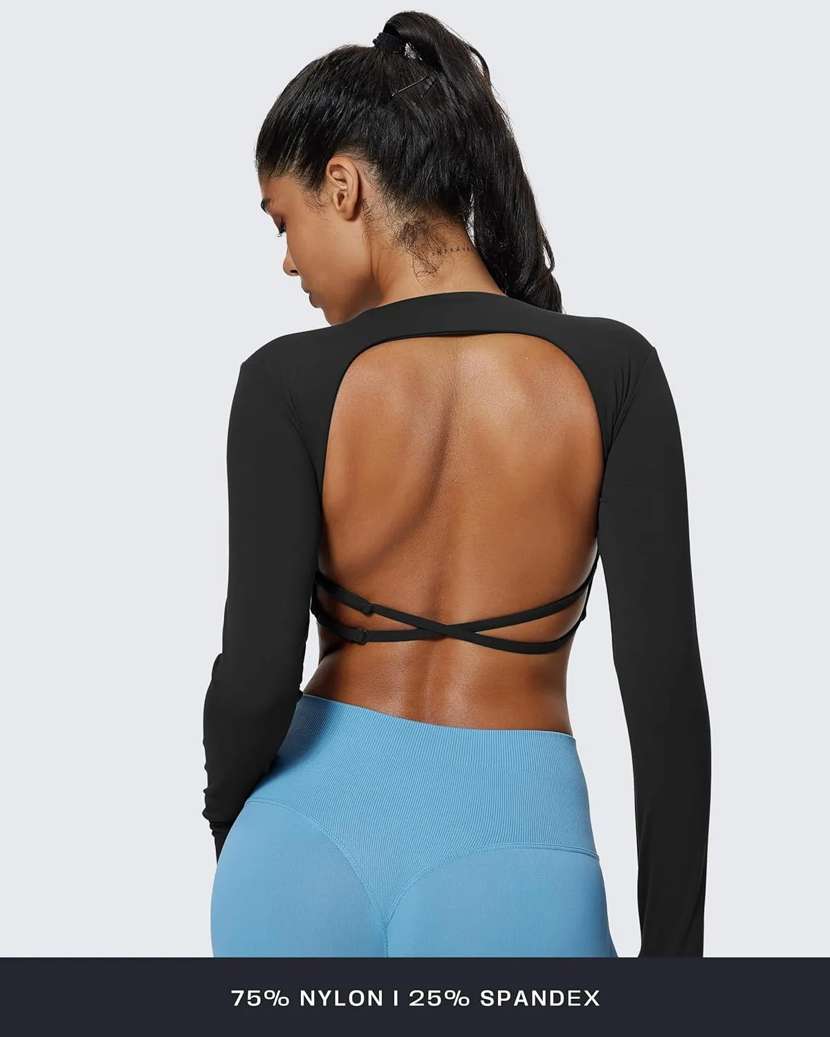Aoxjox Long Sleeve Deep V Crop Tops for Women Sienna Open Back Thumb Hole Workout Cropped T Shirt Top