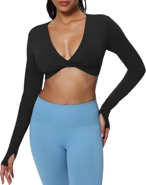 Aoxjox Long Sleeve Deep V Crop Tops for Women Sienna Open Back Thumb Hole Workout Cropped T Shirt Top