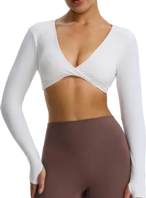 Aoxjox Long Sleeve Deep V Crop Tops for Women Sienna Open Back Thumb Hole Workout Cropped T Shirt Top