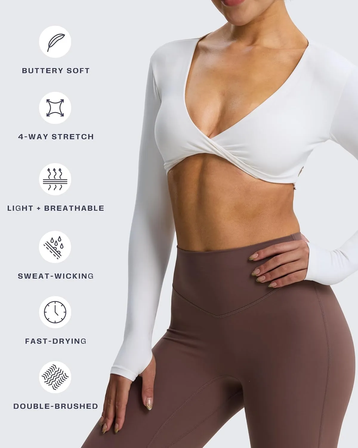 Aoxjox Long Sleeve Deep V Crop Tops for Women Sienna Open Back Thumb Hole Workout Cropped T Shirt Top