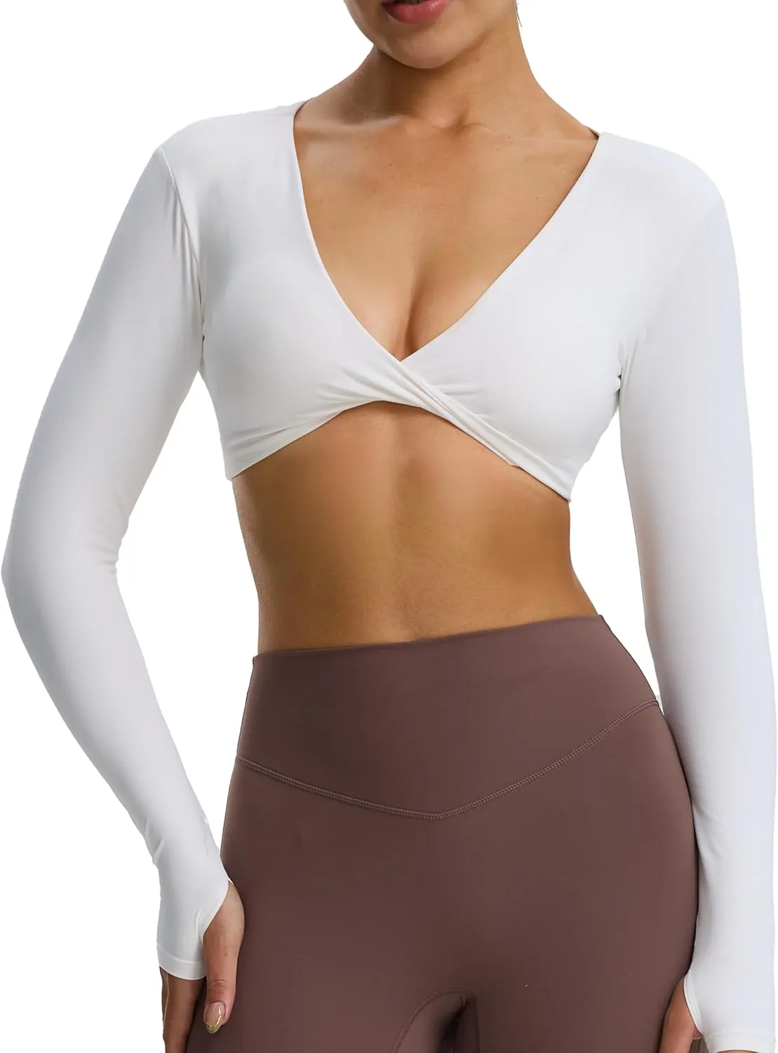Aoxjox Long Sleeve Deep V Crop Tops for Women Sienna Open Back Thumb Hole Workout Cropped T Shirt Top