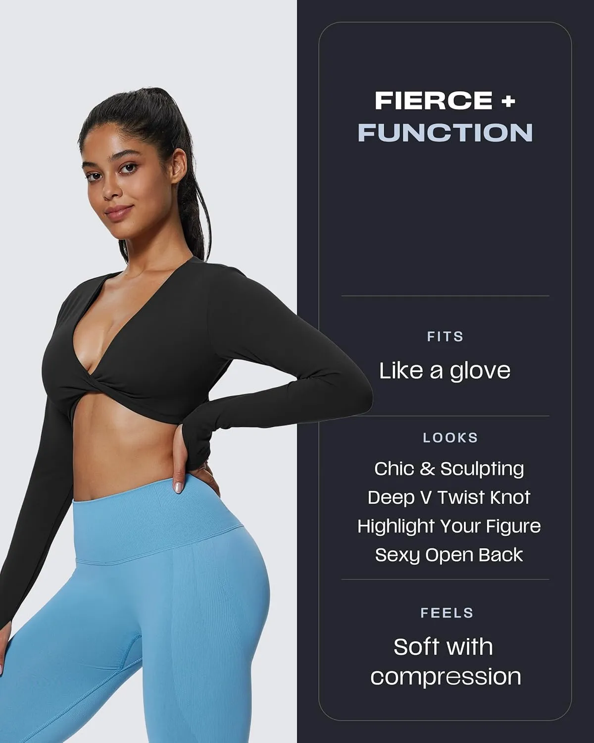 Aoxjox Long Sleeve Deep V Crop Tops for Women Sienna Open Back Thumb Hole Workout Cropped T Shirt Top