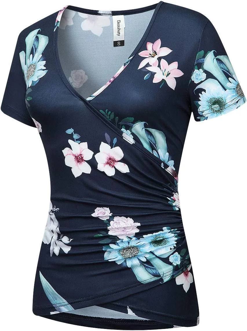 Beauhuty Women's Deep V Neck Short Sleeve Front Wrap Ruched Sexy Slim Fit Tops