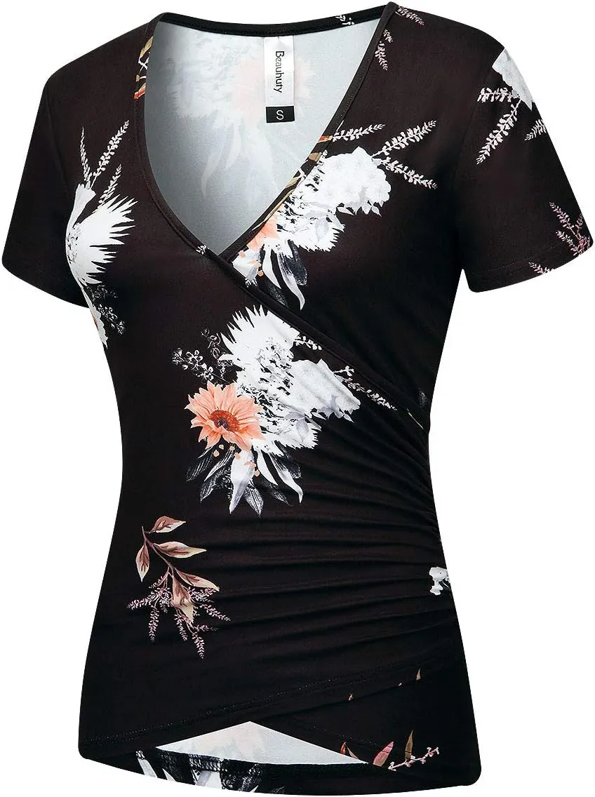Beauhuty Women's Deep V Neck Short Sleeve Front Wrap Ruched Sexy Slim Fit Tops