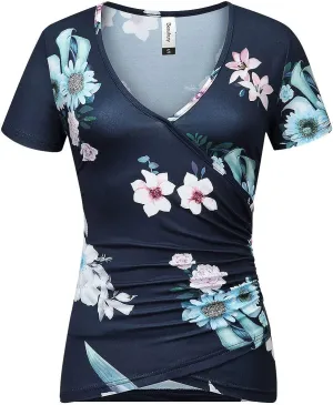Beauhuty Women's Deep V Neck Short Sleeve Front Wrap Ruched Sexy Slim Fit Tops