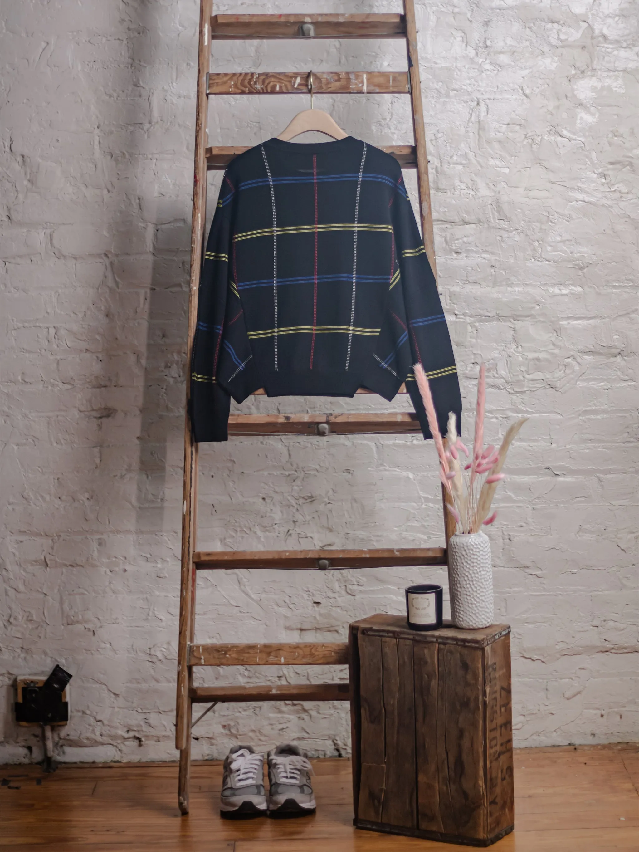 Black Checked Wool Crewneck Sweater-Sample