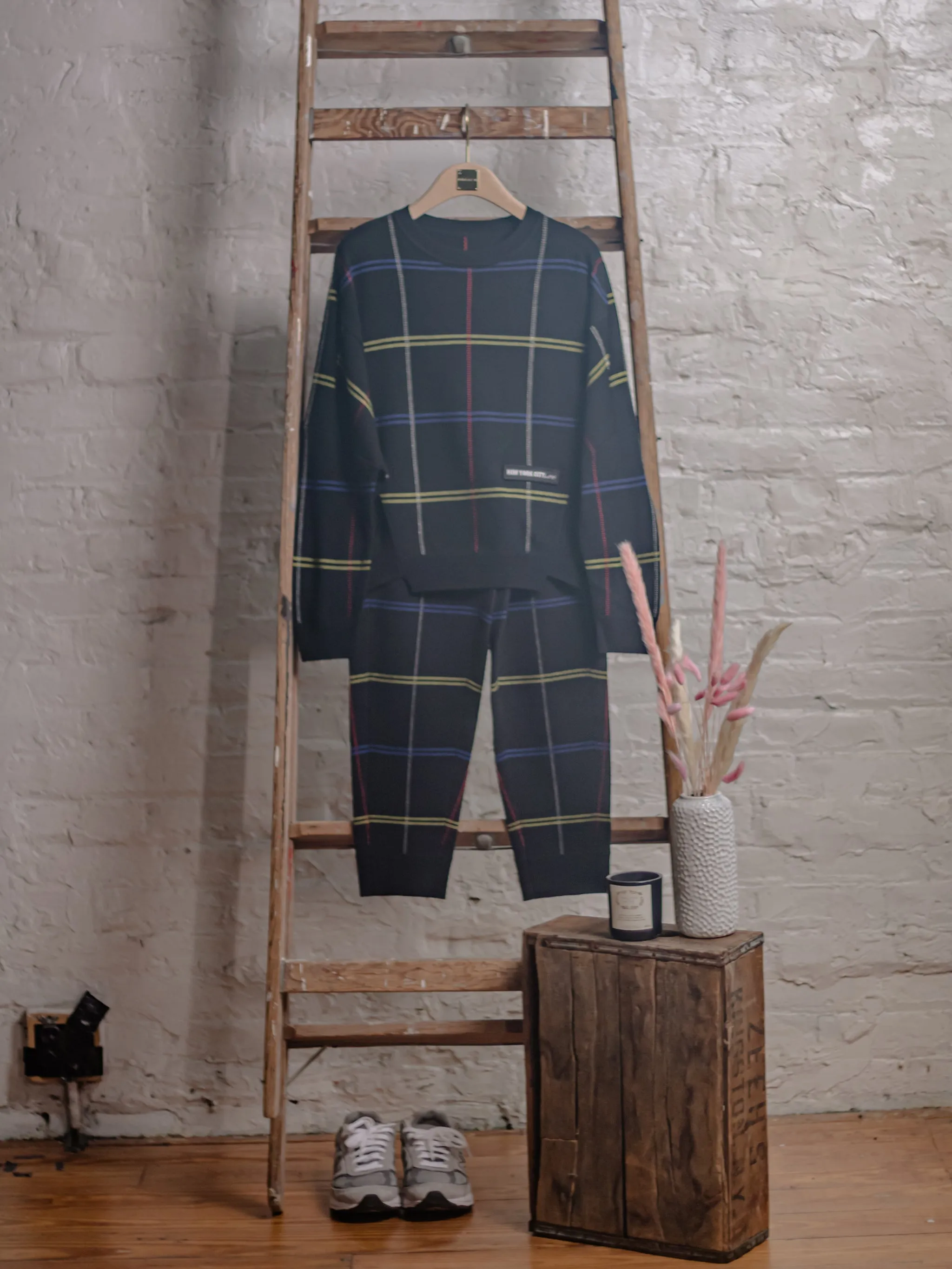 Black Checked Wool Crewneck Sweater-Sample