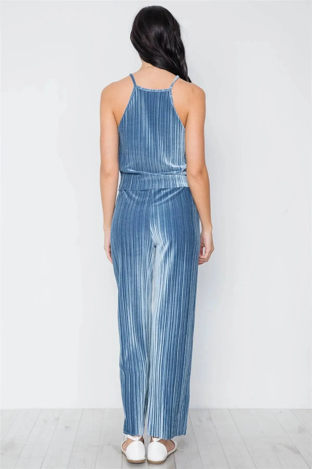 Blue Ribbed Velvet Crop Top And Pants Set /2-2-2