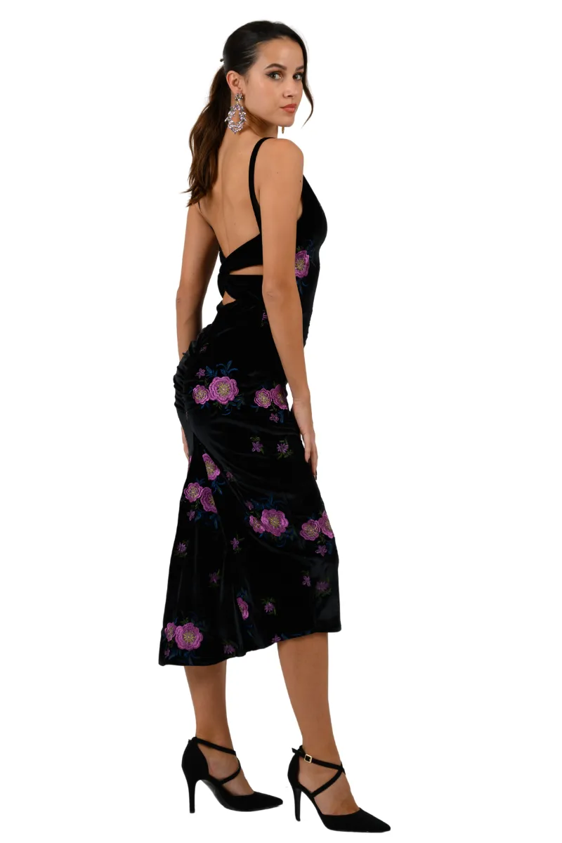 Embroidered Velvet Low Back Midi Fishtail Dress