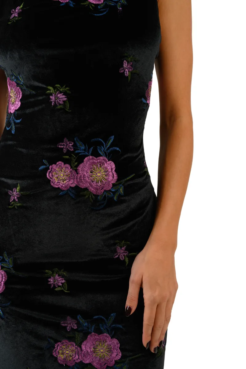 Embroidered Velvet Low Back Midi Fishtail Dress