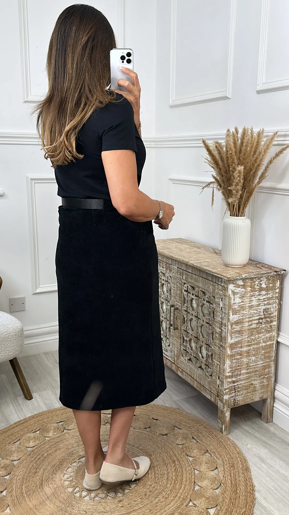 Marla Black Velvet Front Slit Midi Skirt