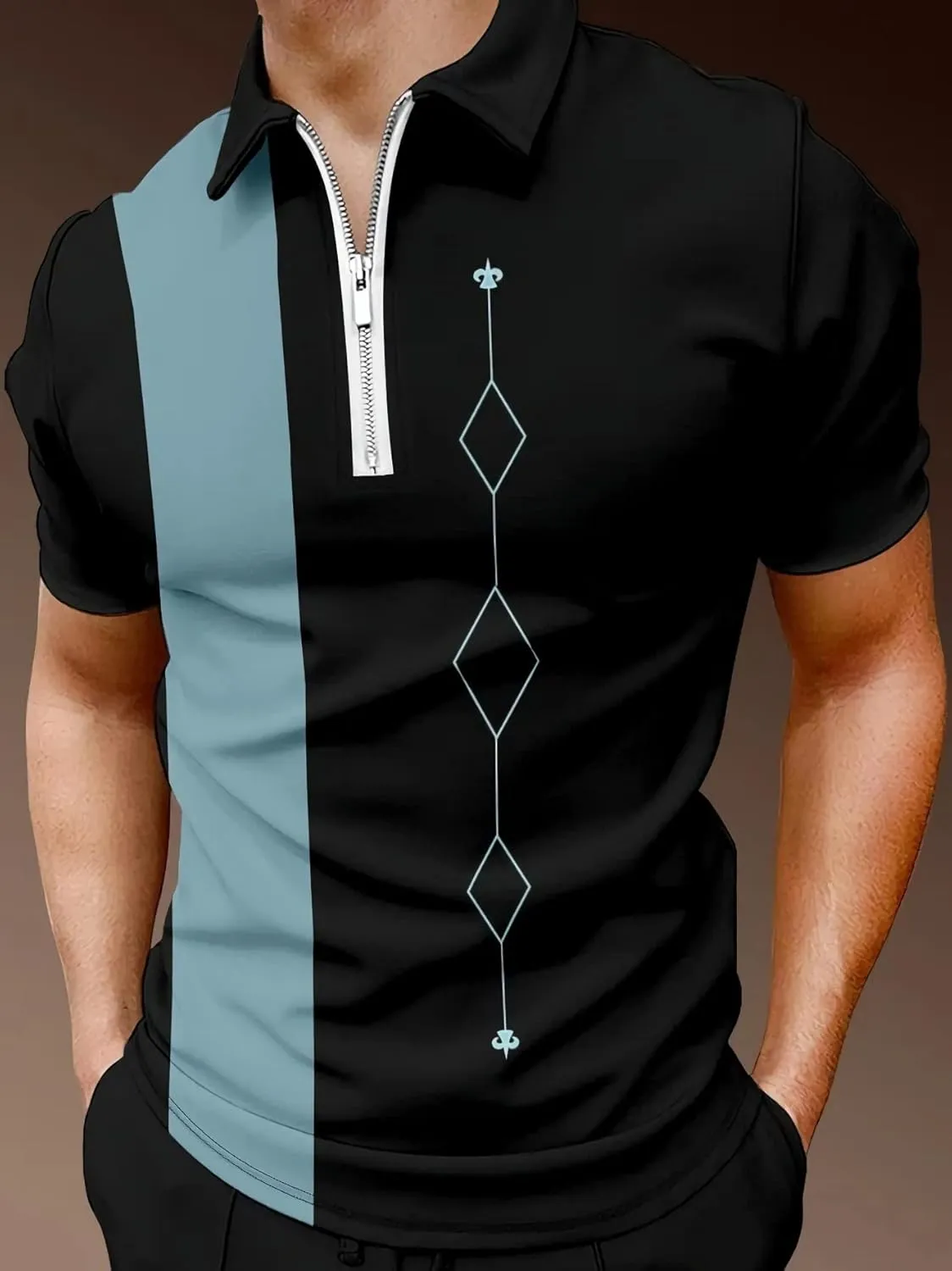 Men's Long Sleeve Polo Shirt Printed Zip Up Casual Slim Fit Golf Shirts Tops