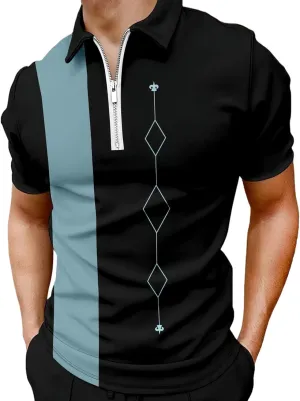 Men's Long Sleeve Polo Shirt Printed Zip Up Casual Slim Fit Golf Shirts Tops