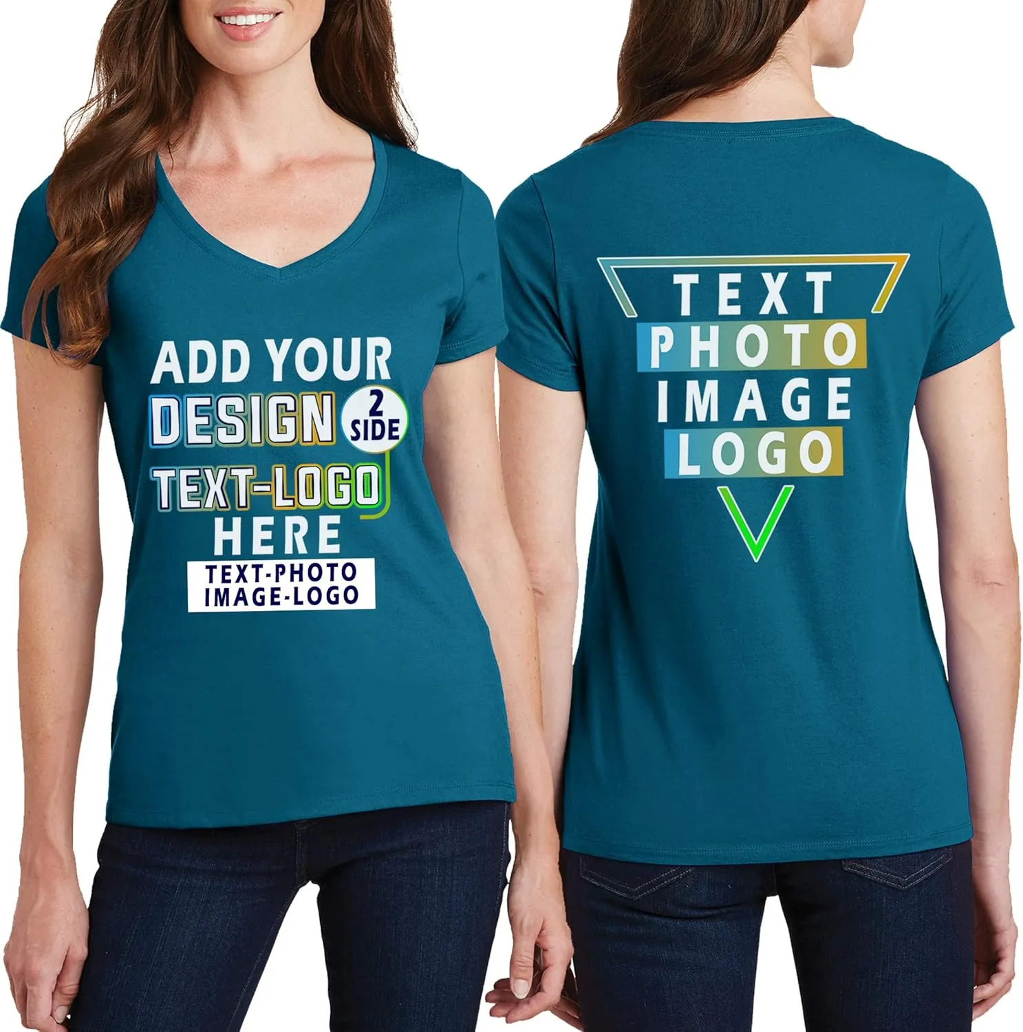 Personalized T-Shirts for Women Design Your Own Add Picture Photo Text Front Back Side Custom V Neck Shirts