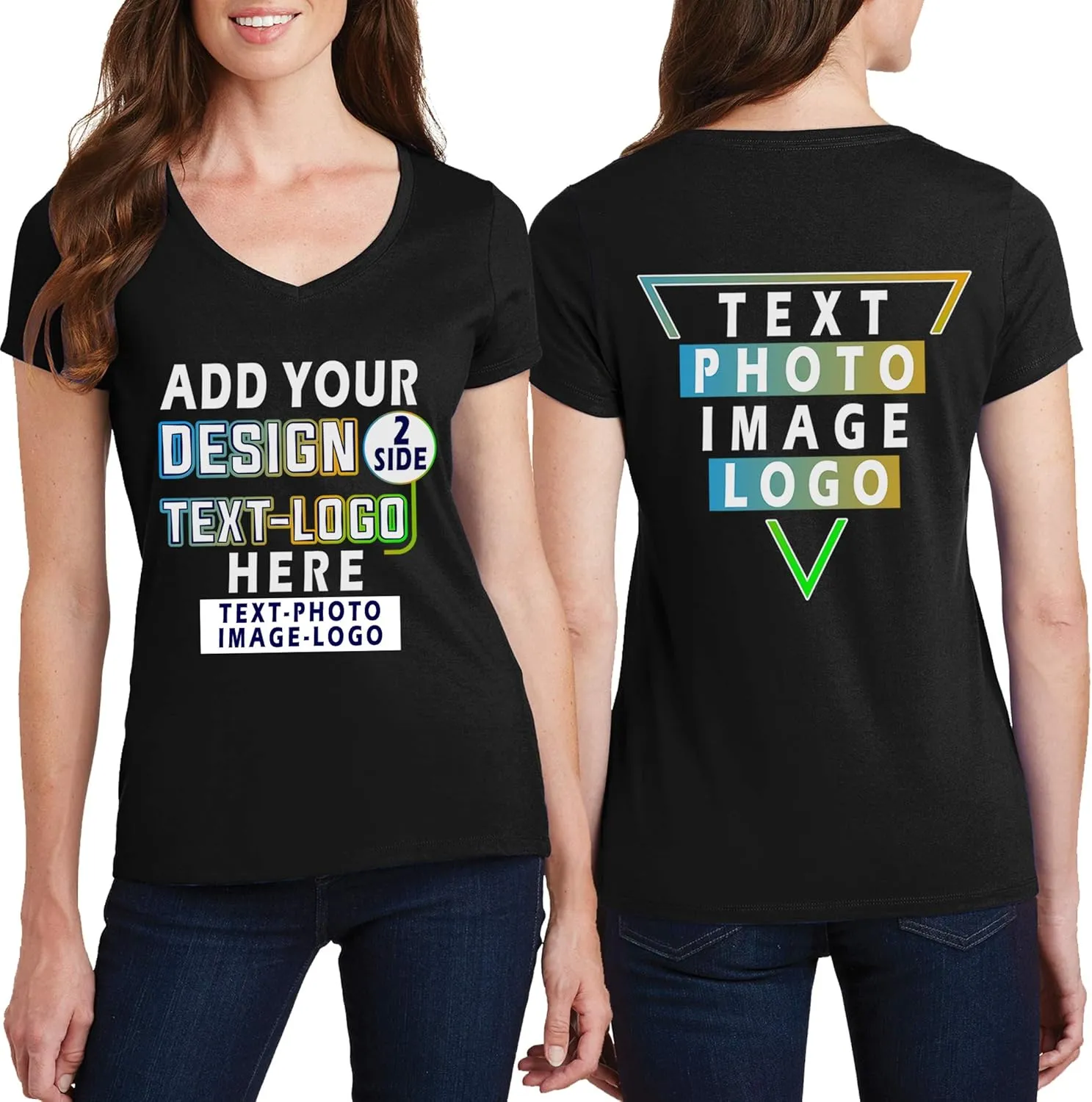 Personalized T-Shirts for Women Design Your Own Add Picture Photo Text Front Back Side Custom V Neck Shirts