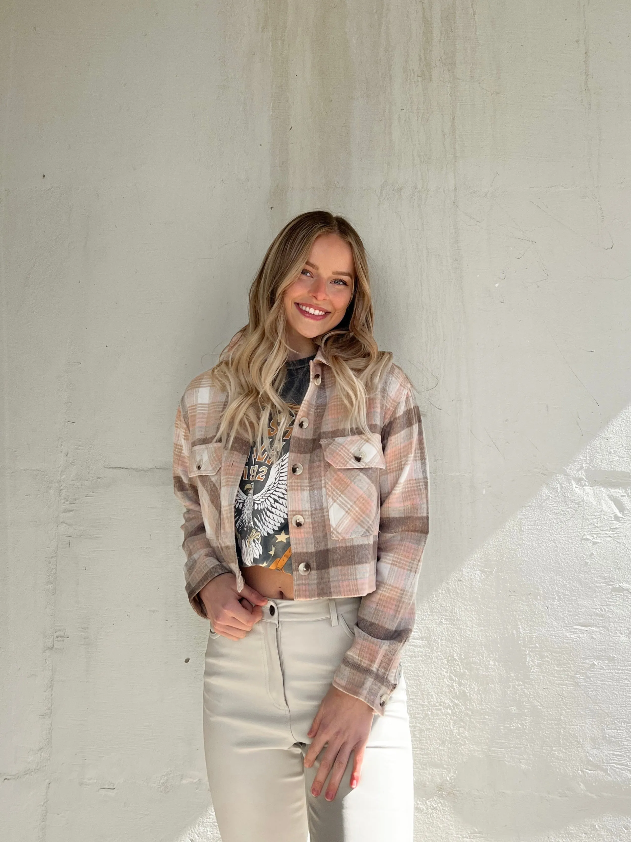 Plaid Cropped Shacket | Brown/Pink