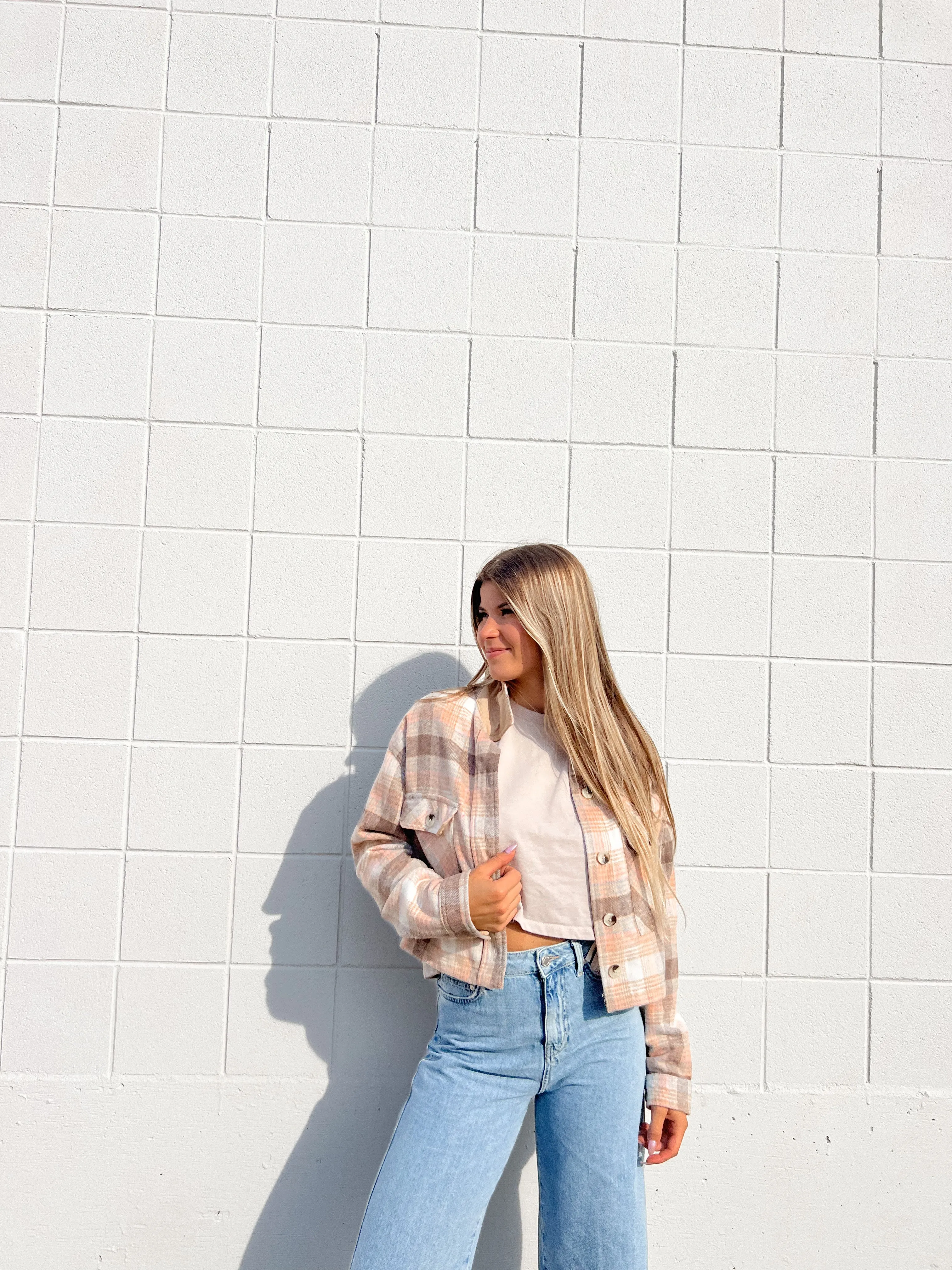 Plaid Cropped Shacket | Brown/Pink
