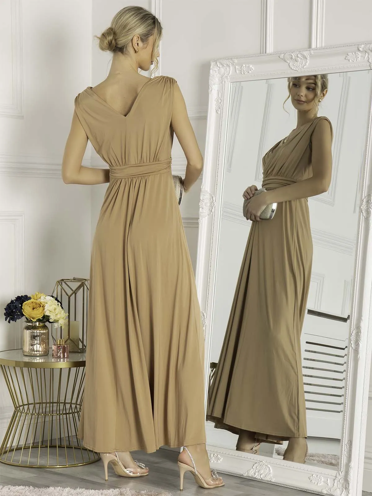Plunge V Neck Draped Maxi Dress, Nude