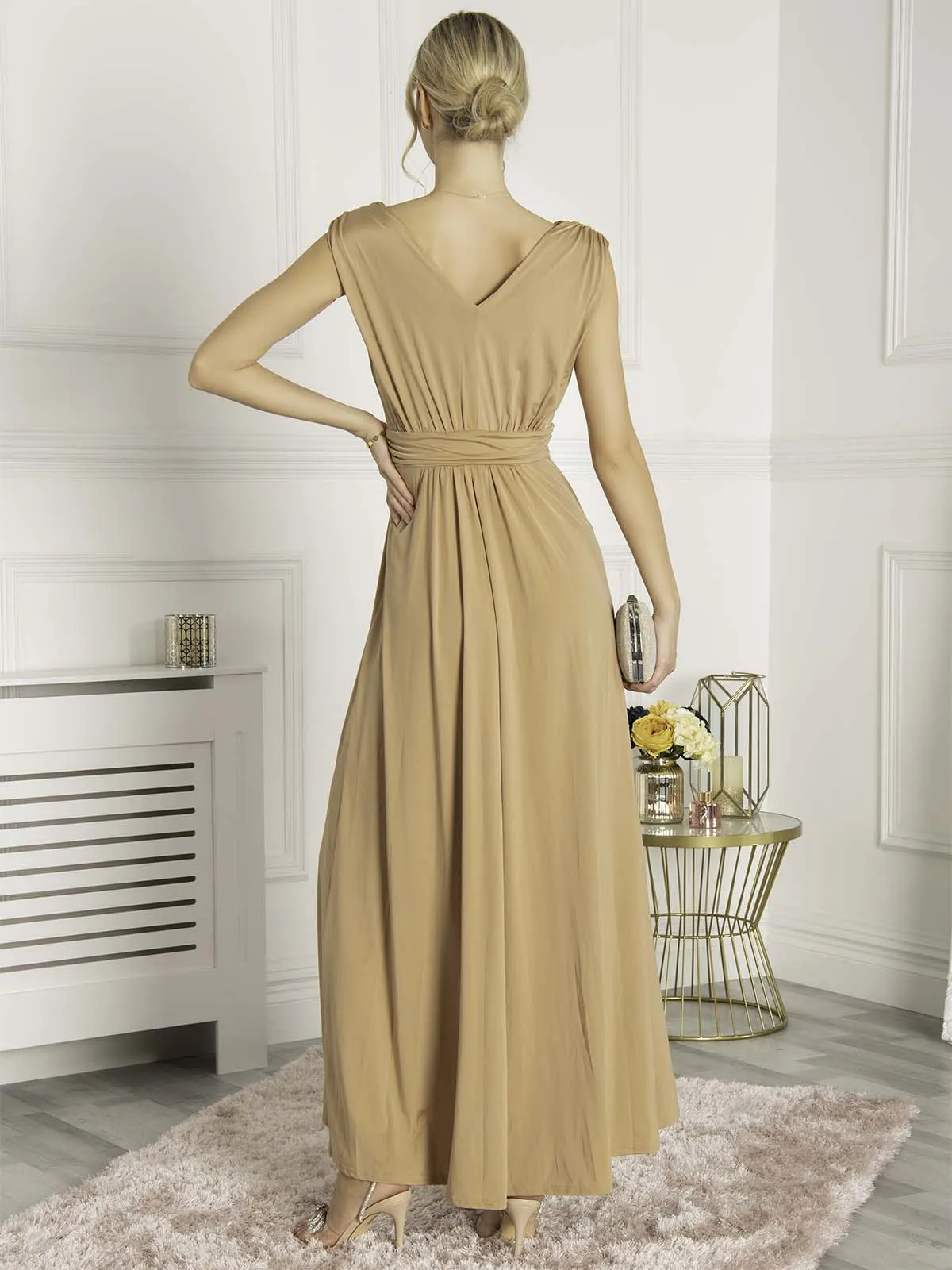 Plunge V Neck Draped Maxi Dress, Nude
