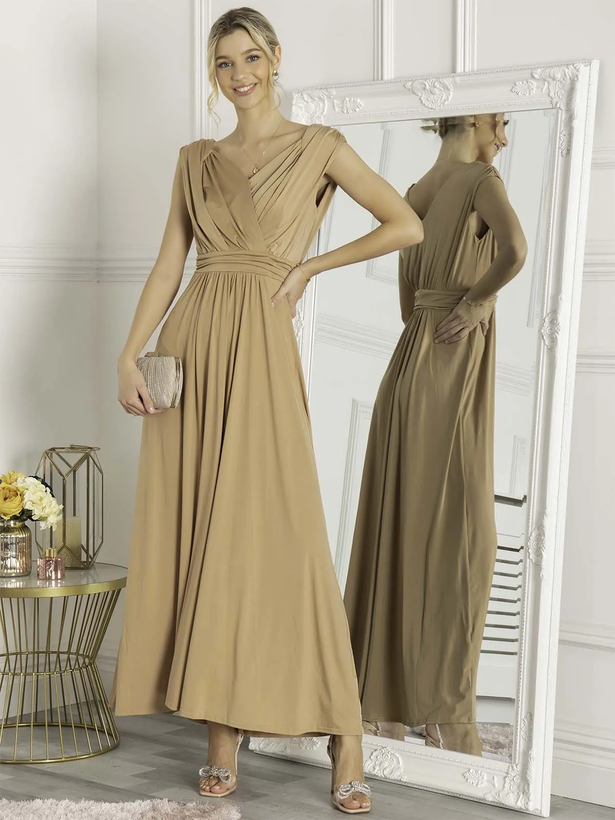 Plunge V Neck Draped Maxi Dress, Nude