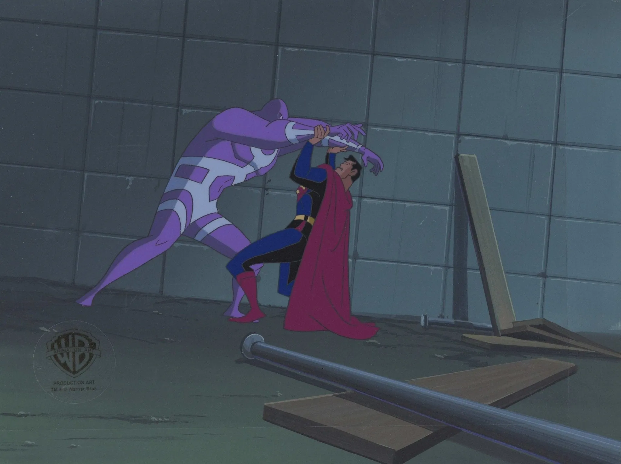 Superman the Animated Series Original Production Cel on Original Background With Matching Drawing: Superman and Parasite