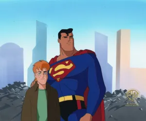 Superman the Animated Series Original Production Cel On Original Hand-Painted Production Background: Superman and Jimmy Olsen