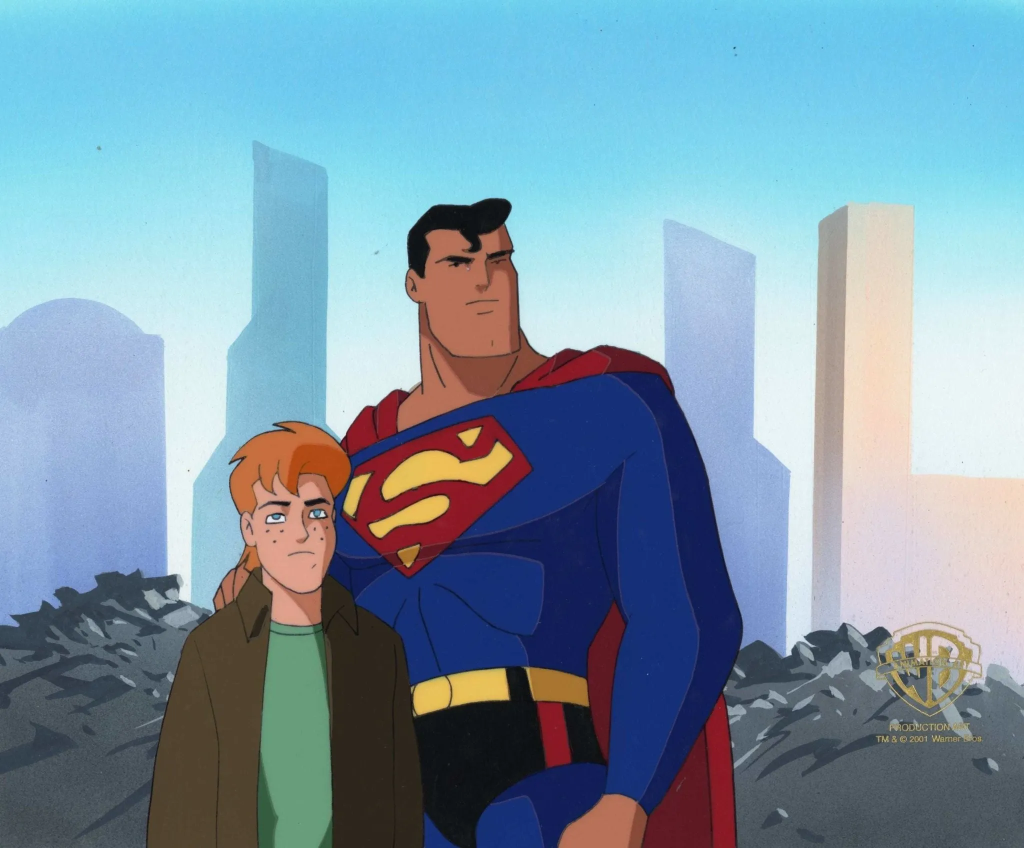 Superman the Animated Series Original Production Cel On Original Hand-Painted Production Background: Superman and Jimmy Olsen