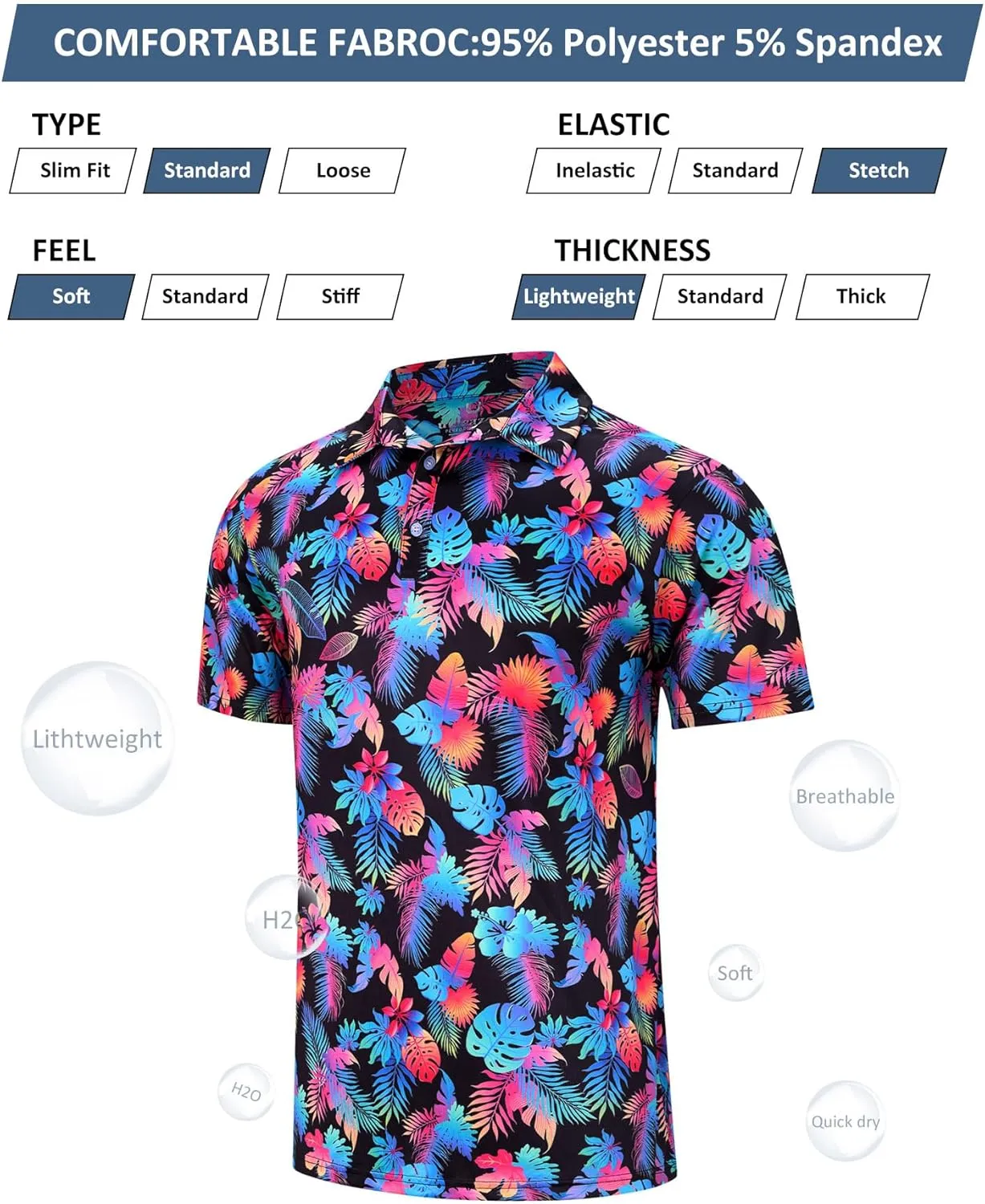uideazone Mens Polo Shirts Short Sleeve Dry Fit 3D Print Moisture Wicking Funny Golf Shirt