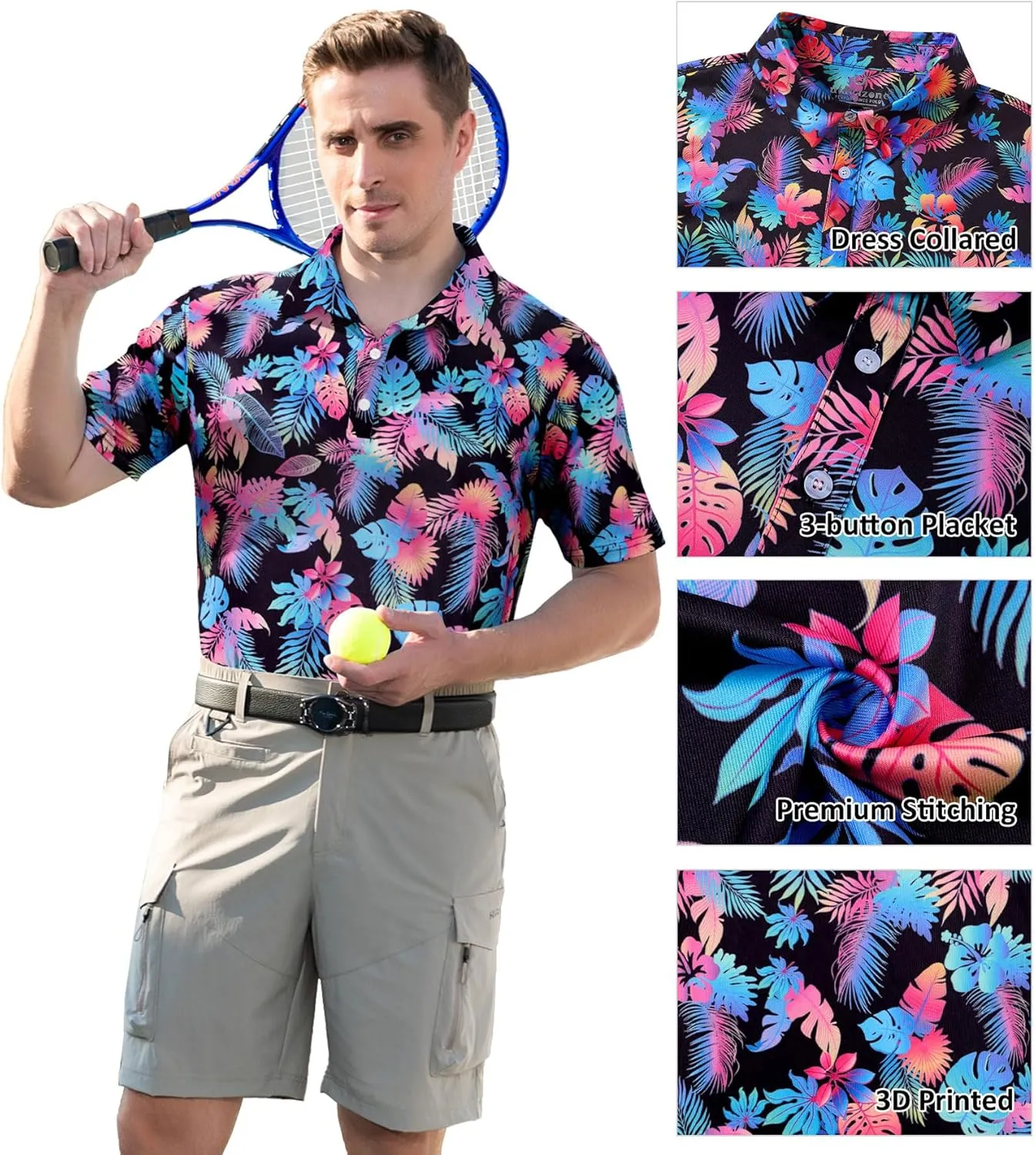 uideazone Mens Polo Shirts Short Sleeve Dry Fit 3D Print Moisture Wicking Funny Golf Shirt
