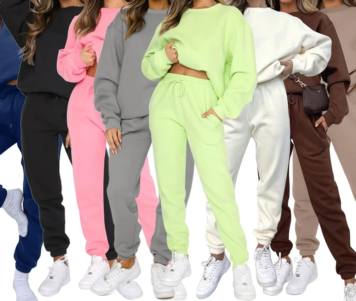 Viatabuna Women's 2 Piece Fleece Sweatsuit Outfit Long Sleeve Crewneck Pullover Sweatshirt Drawstring Jogger Pants Lounge Set