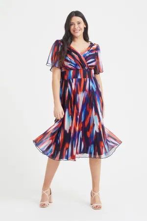 Victoria Indigo Ikat Angel Sleeve Mesh Long Midi Dress