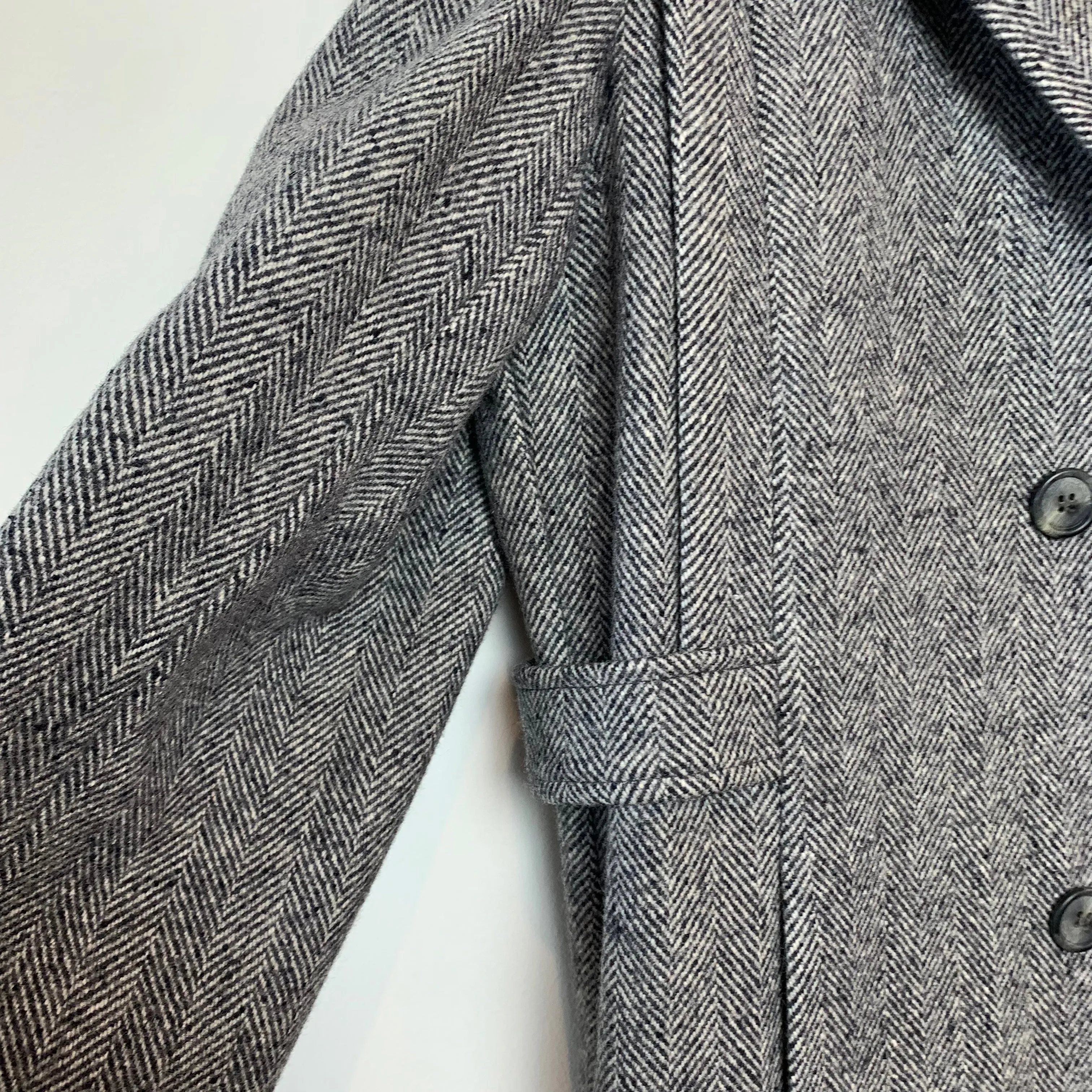 Vintage 80s 90s Alorna Herringbone Tweed Trench Coat Long Black Gray Overcoat Medium Large