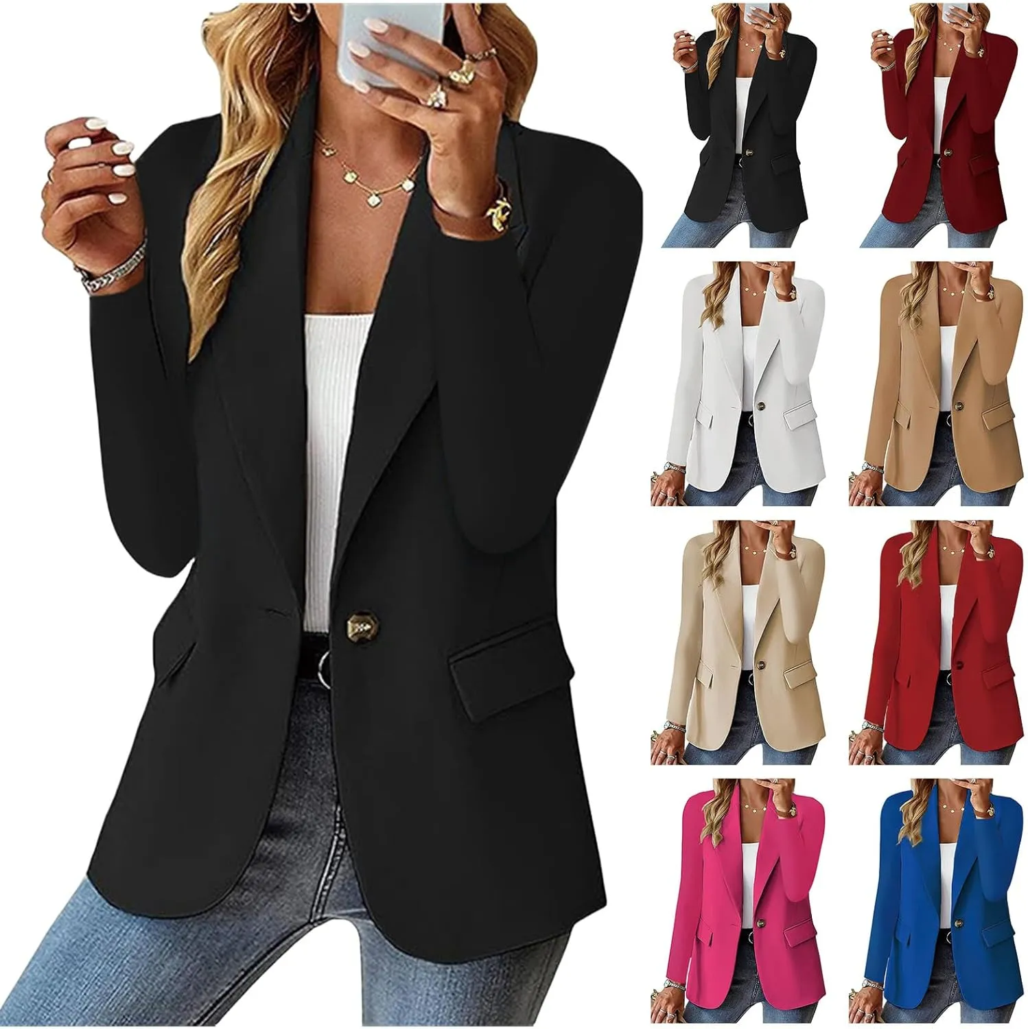 Women's Blazer Open Front Casual Bussiness Blazers Notch Collar Work Office Suit Jackets Long Sleeve Lapel Jacket