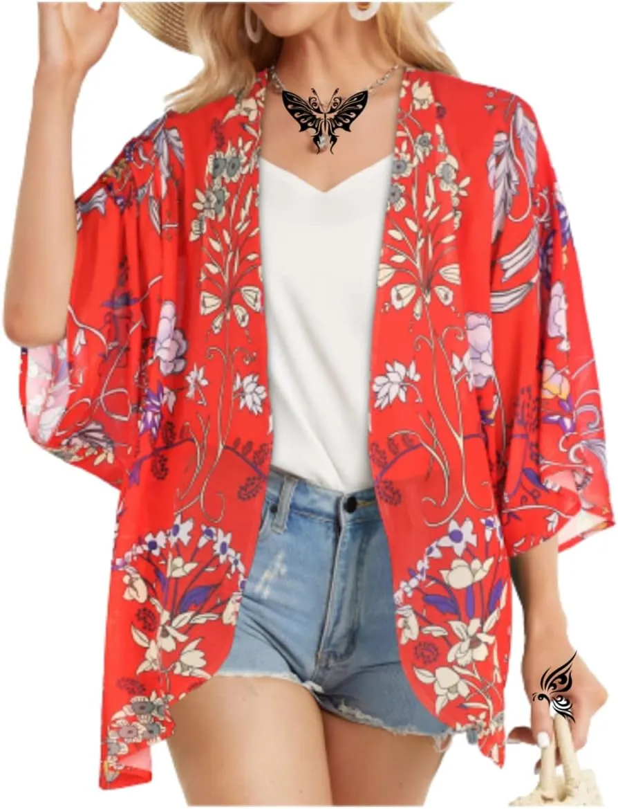 Women's Floral Print Puff Sleeve Kimono Cardigans Chiffon Casual Loose Open Front Cover Tops Cardigan Blouse