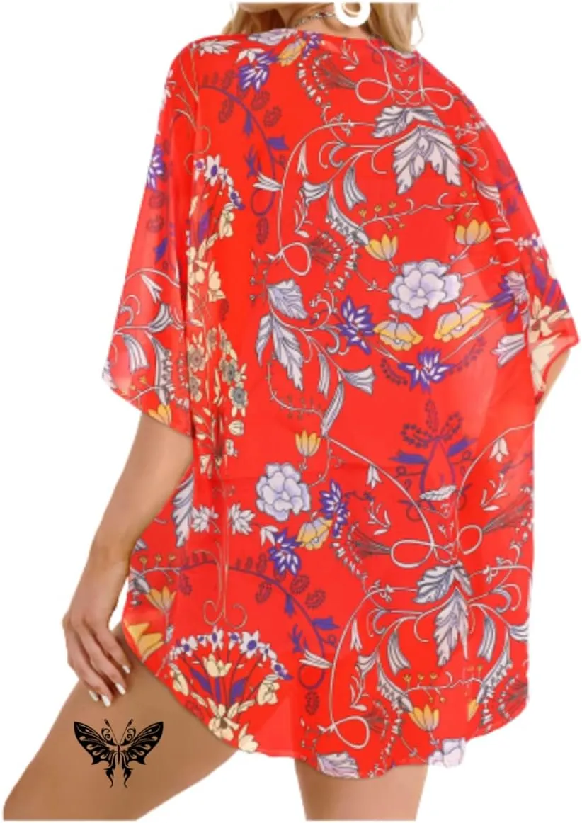 Women's Floral Print Puff Sleeve Kimono Cardigans Chiffon Casual Loose Open Front Cover Tops Cardigan Blouse