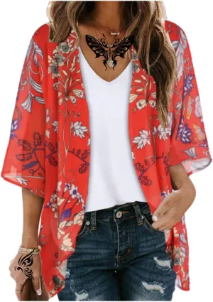 Women's Floral Print Puff Sleeve Kimono Cardigans Chiffon Casual Loose Open Front Cover Tops Cardigan Blouse