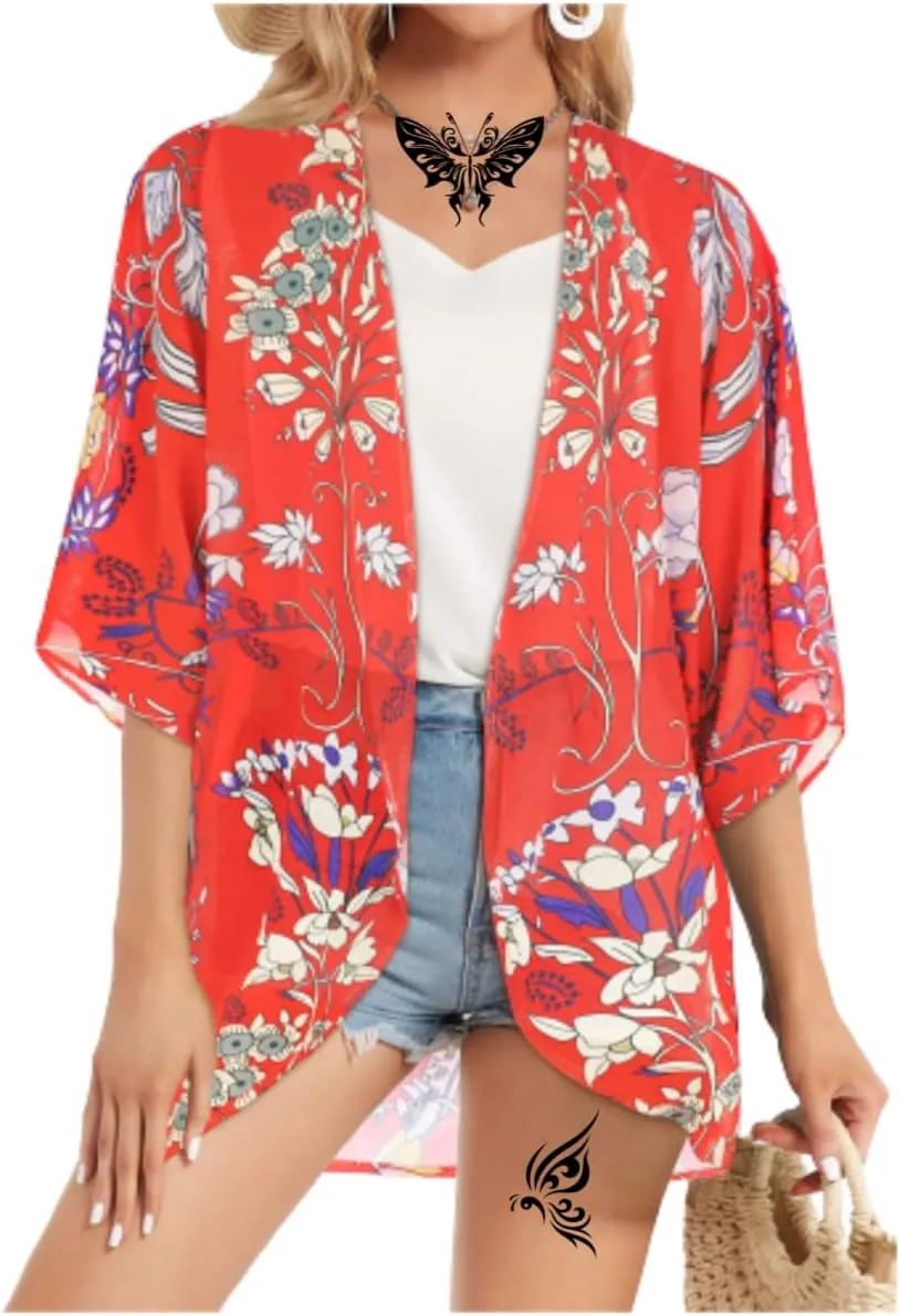 Women's Floral Print Puff Sleeve Kimono Cardigans Chiffon Casual Loose Open Front Cover Tops Cardigan Blouse