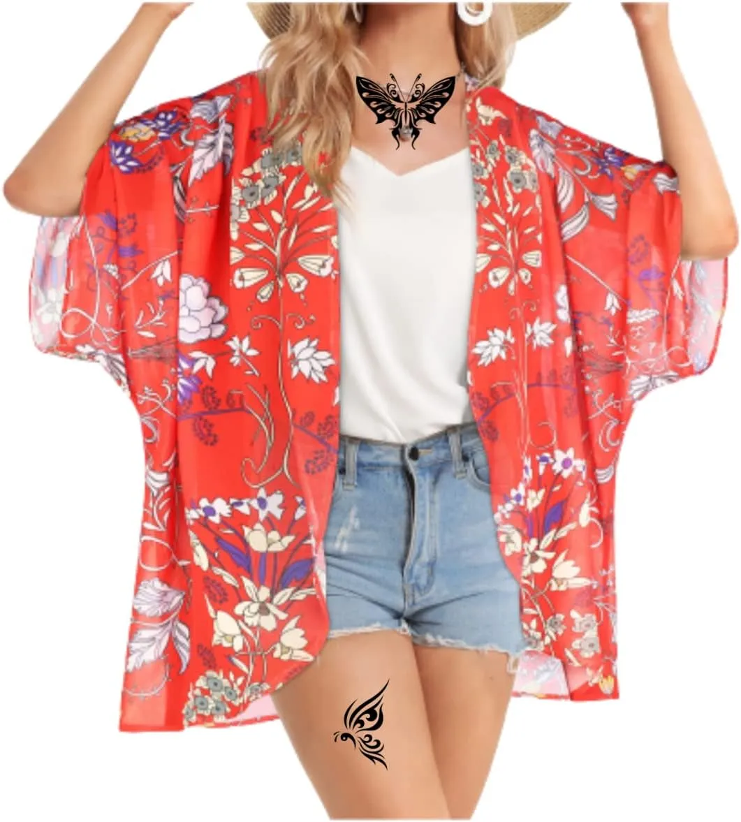 Women's Floral Print Puff Sleeve Kimono Cardigans Chiffon Casual Loose Open Front Cover Tops Cardigan Blouse