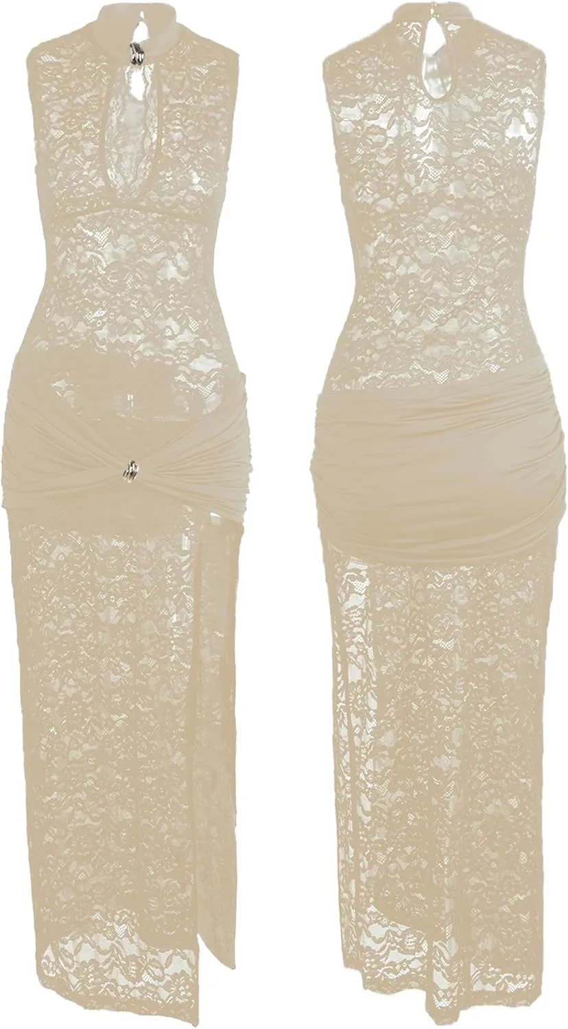Womens Lace See Through Maxi Dress Backless Hollow Out O-Neck High Side Split Elegant Party Clubwear Evening Long Dress