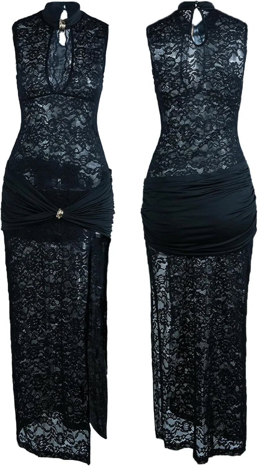 Womens Lace See Through Maxi Dress Backless Hollow Out O-Neck High Side Split Elegant Party Clubwear Evening Long Dress