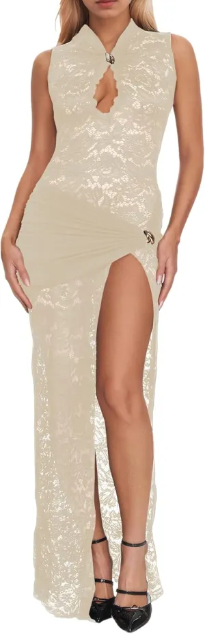Womens Lace See Through Maxi Dress Backless Hollow Out O-Neck High Side Split Elegant Party Clubwear Evening Long Dress