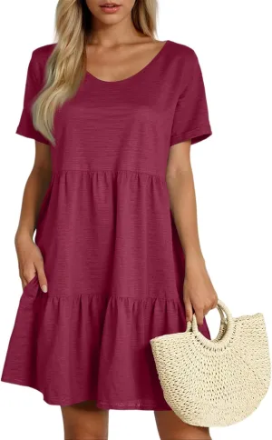 Women's Summer T Shirts Dress 2025 Round Neck Short Sleeve Tiered Beach Vacation Mini Cake Sundress