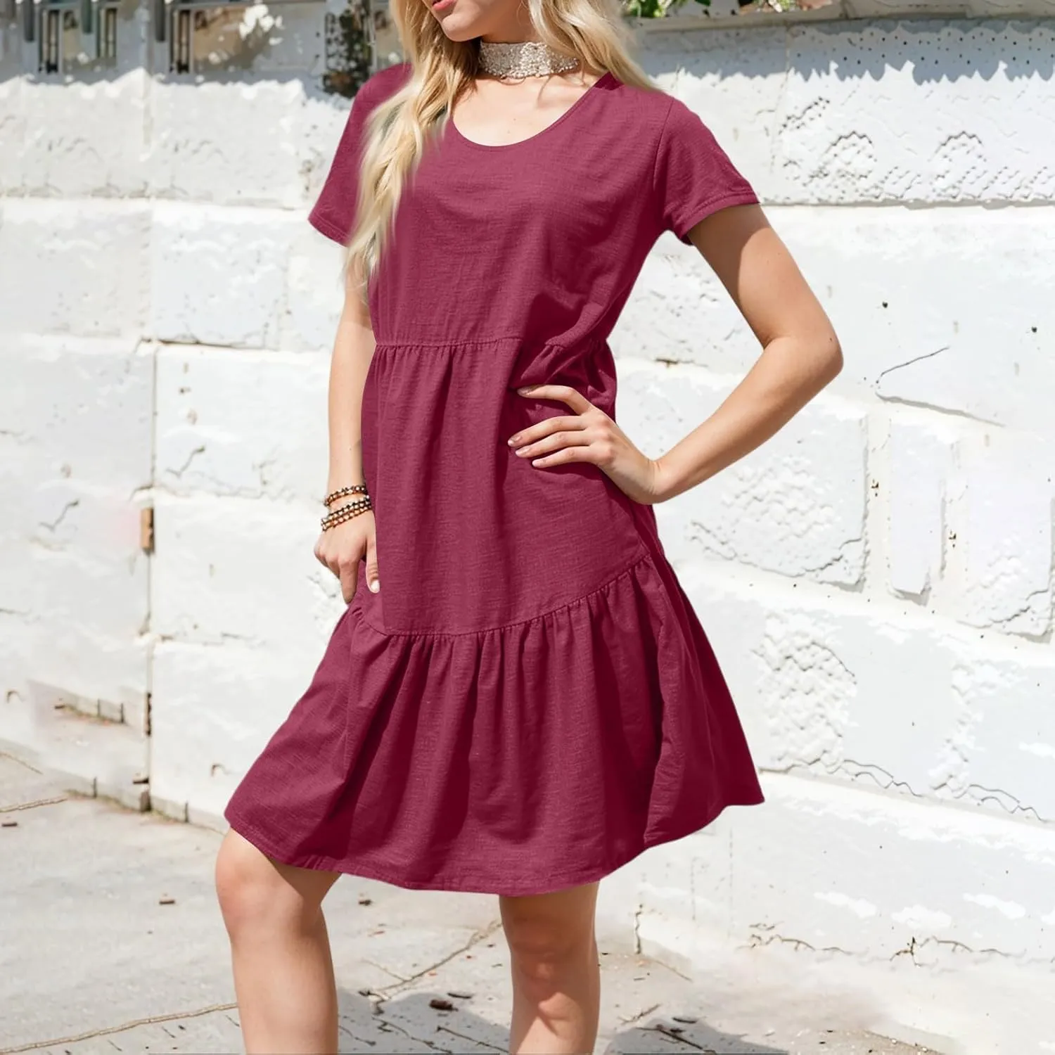 Women's Summer T Shirts Dress 2025 Round Neck Short Sleeve Tiered Beach Vacation Mini Cake Sundress