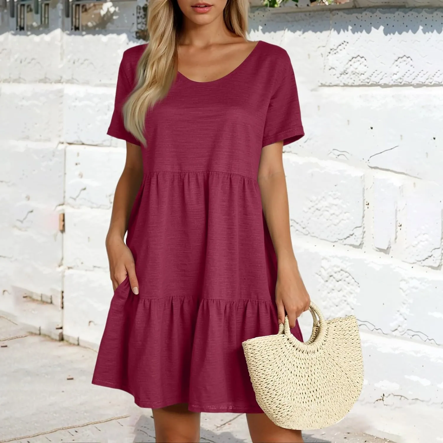 Women's Summer T Shirts Dress 2025 Round Neck Short Sleeve Tiered Beach Vacation Mini Cake Sundress